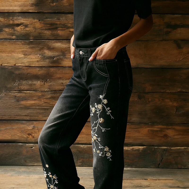 Japanese Art Cherry Blossom Embroidered Washed Flared Jeans-elviree