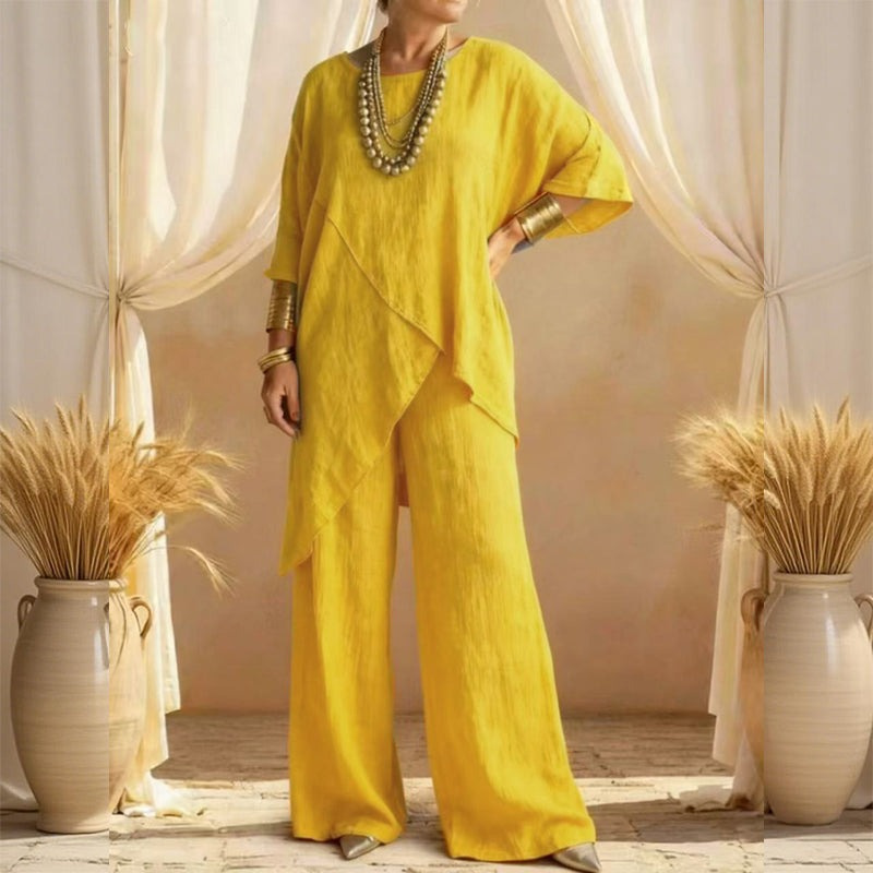 Women's Comfy Linen Blend Flowy Double Layer Design Top And Pants Two-piece Set-elviree
