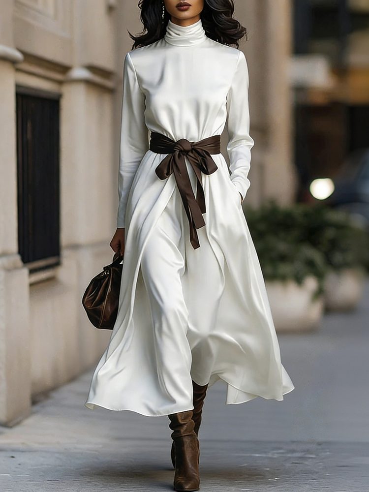 Classy Color Blocked Belted Turtleneck Flowy Maxi Dress-elviree
