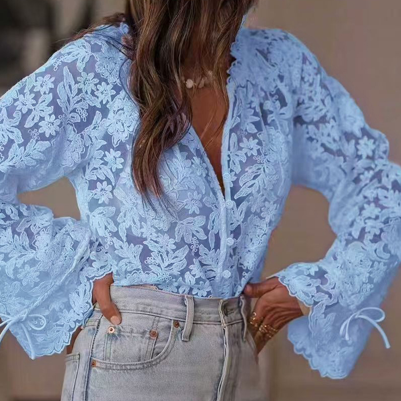 Women's Retro Floral Lace Cotton And Linen V-neck Top-elviree