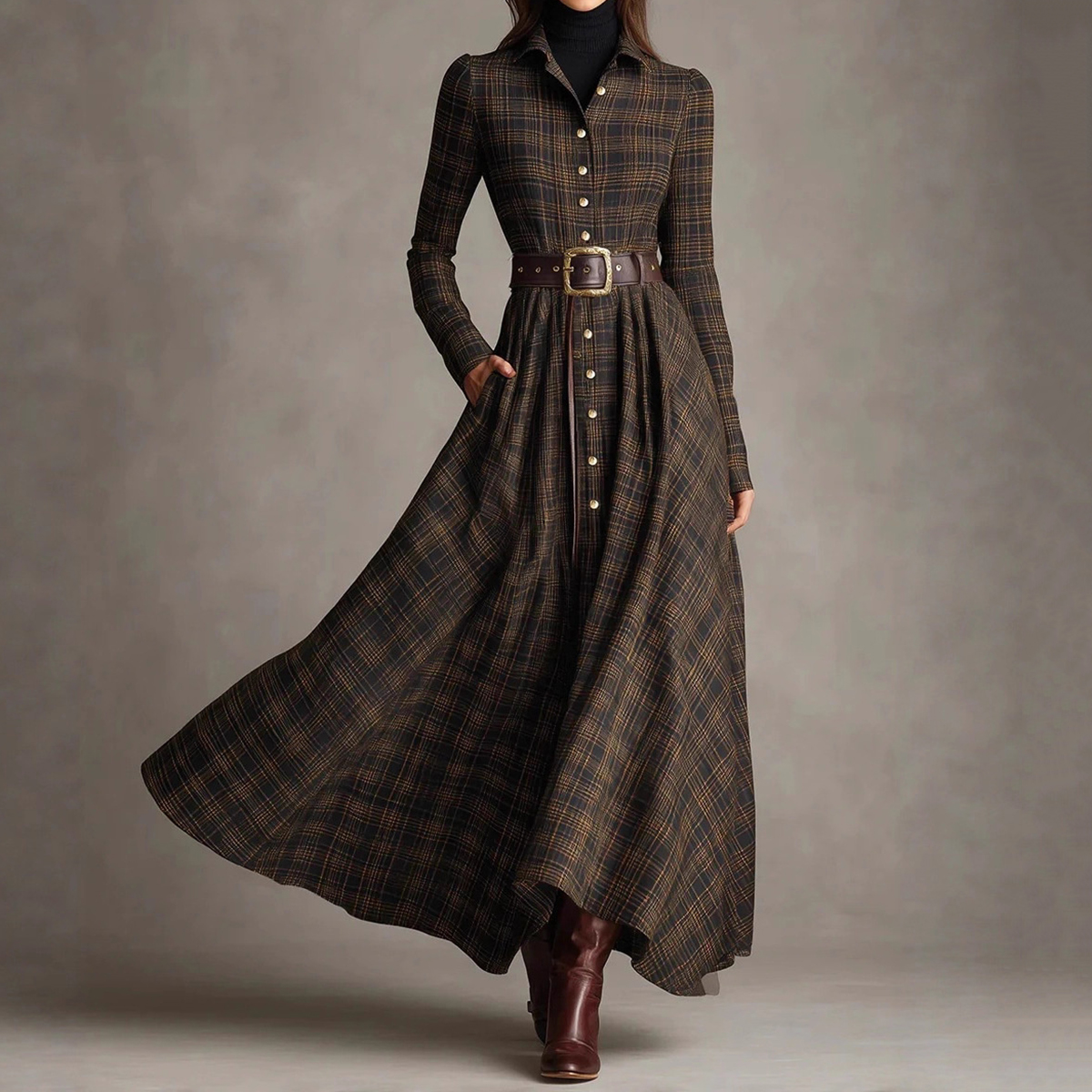Vintage Plaid Inspired Autumn Winter Long Sleeve Button-up Shirt Maxi Dress-elviree
