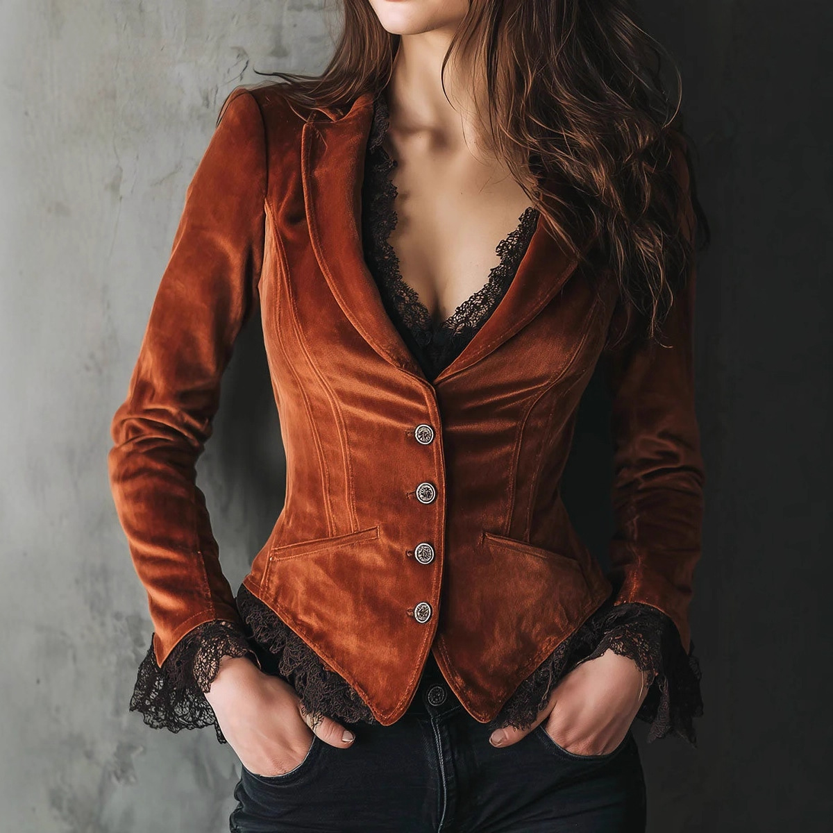 Western-style V-neck Fall/winter Velvet Patchwork Lace Jacket-elviree