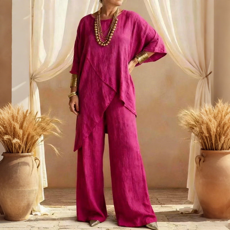Women's Comfy Linen Blend Flowy Double Layer Design Top And Pants Two-piece Set-elviree
