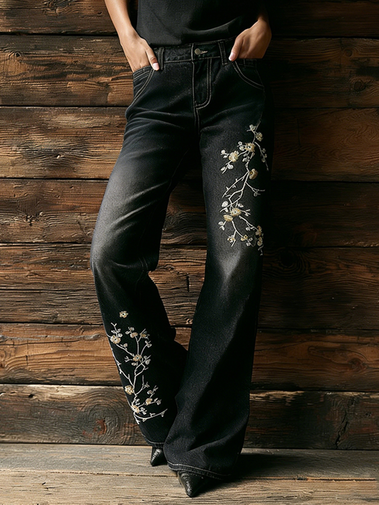 Japanese Art Cherry Blossom Embroidered Washed Flared Jeans-elviree