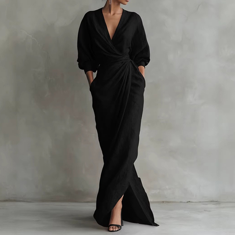 Vintage Elegant Pleated V-neck Design Cotton And Linen Dress