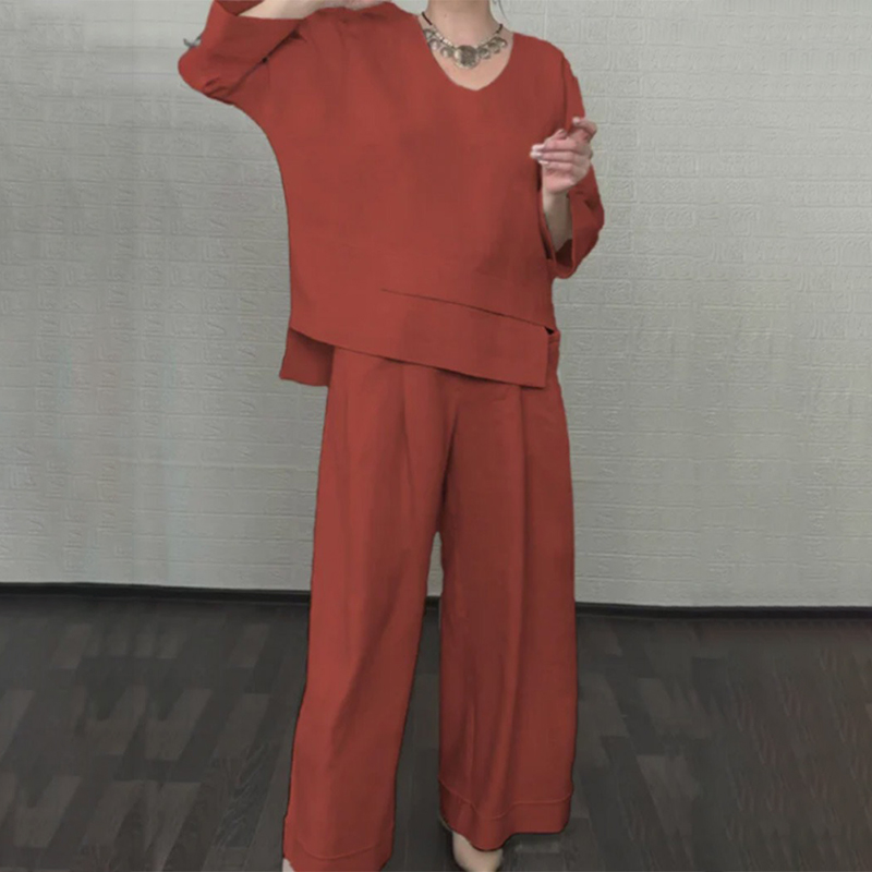 Women's Comfy Linen Blend Double Layer Design V-neck Top And Pants Two-piece Set-elviree