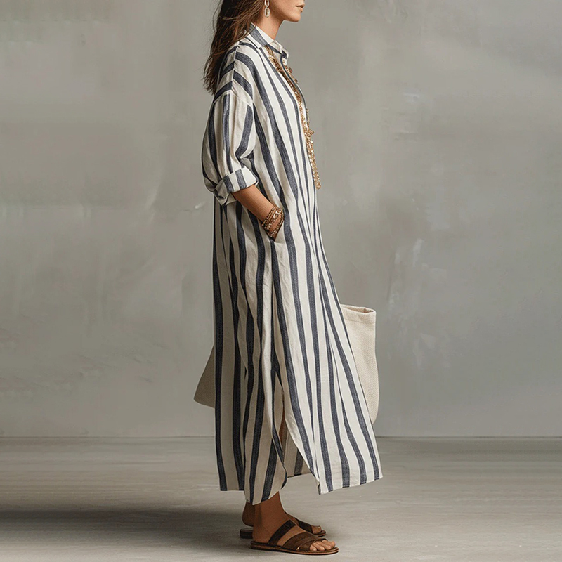 Women's Casual Striped Cotton Linen Maxi Shirt Dress-elviree