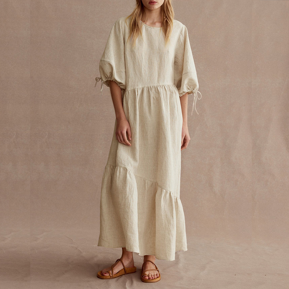 Round Collar Pleated Design Casual Linen Dress