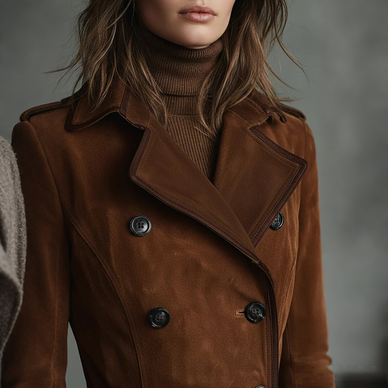 Vintage Western Lapel Buttoned Suede Trench Coat-elviree