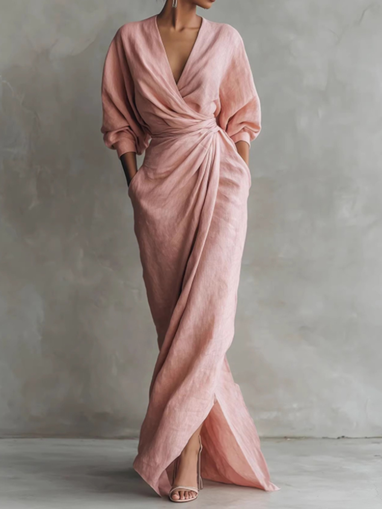 Vintage Elegant Pleated V-neck Design Cotton And Linen Dress