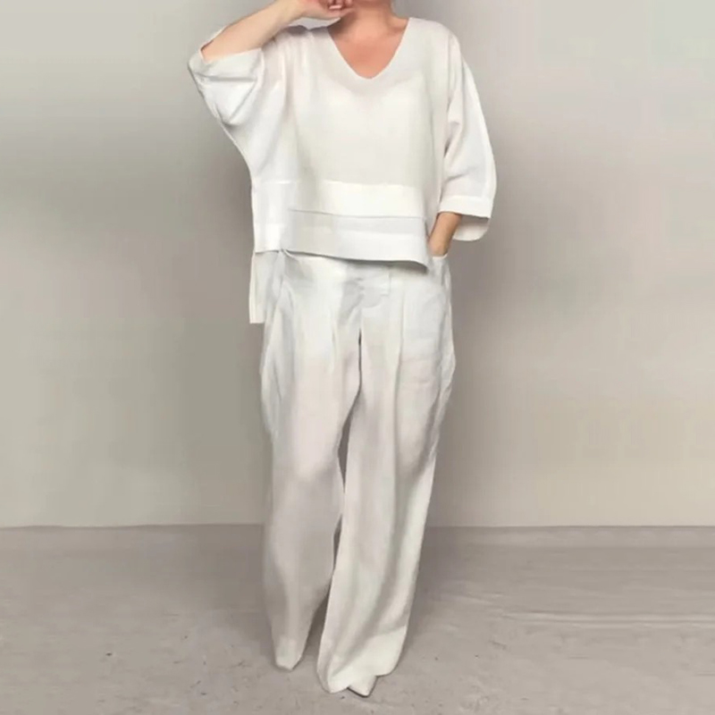 Women's Comfy Linen Blend Double Layer Design V-neck Top And Pants Two-piece Set-elviree