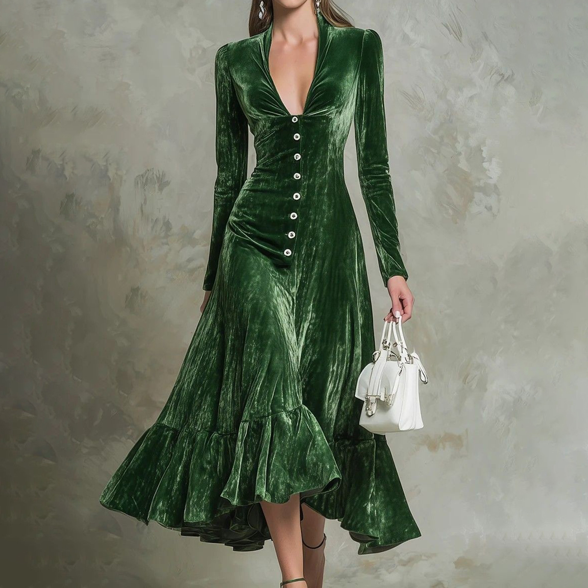 Vintage Elegant Solid Color Button-down Collar Waist Cinching Midi Dress-elviree