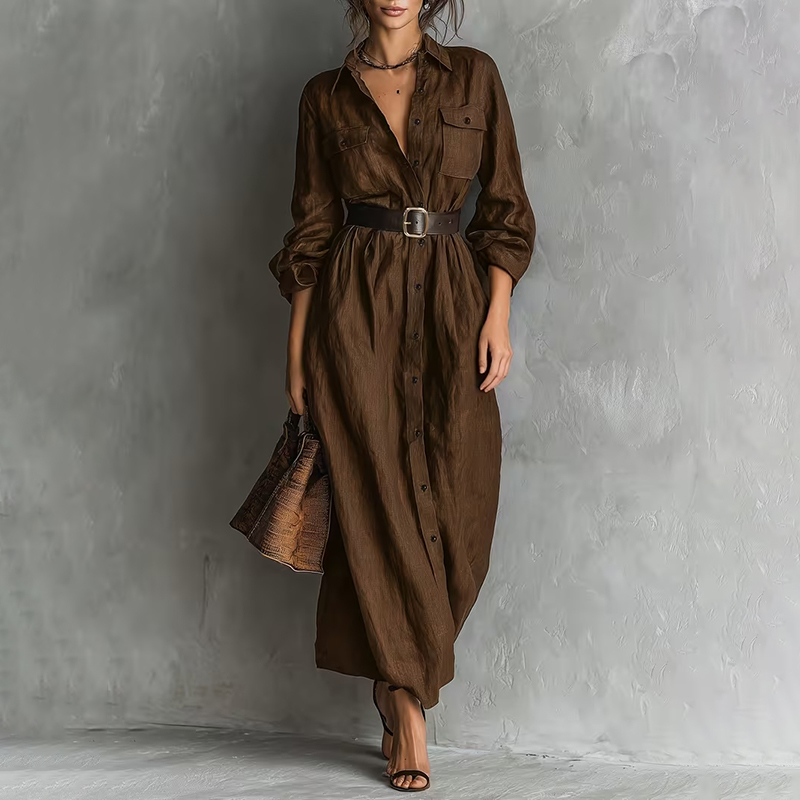 Vintage Workwear Style Loose Long Waisted Shirt Dress (with Belt)-elviree