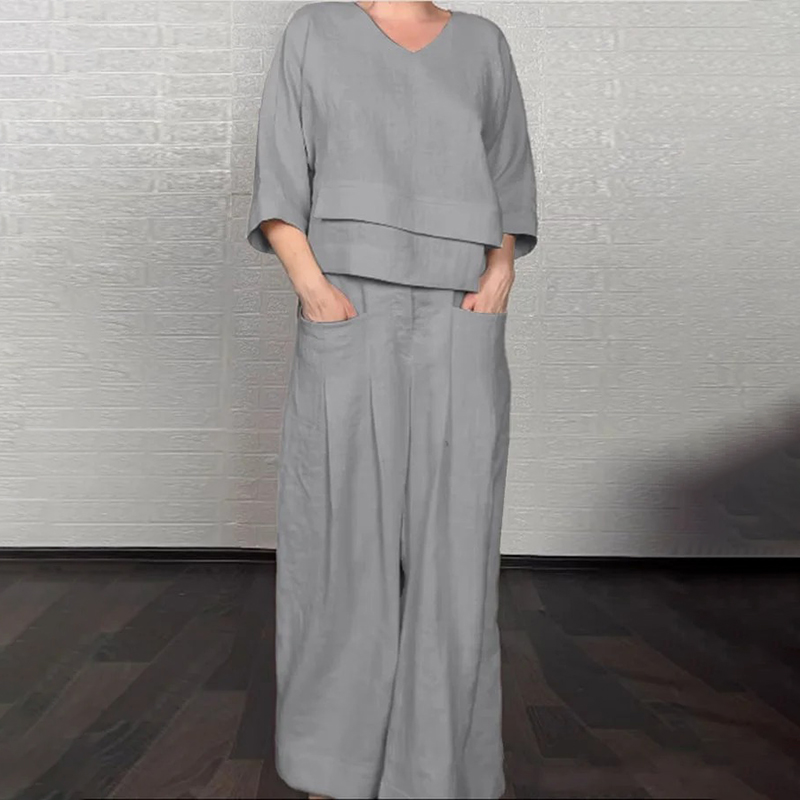 Women's Comfy Linen Blend Double Layer Design V-neck Top And Pants Two-piece Set-elviree
