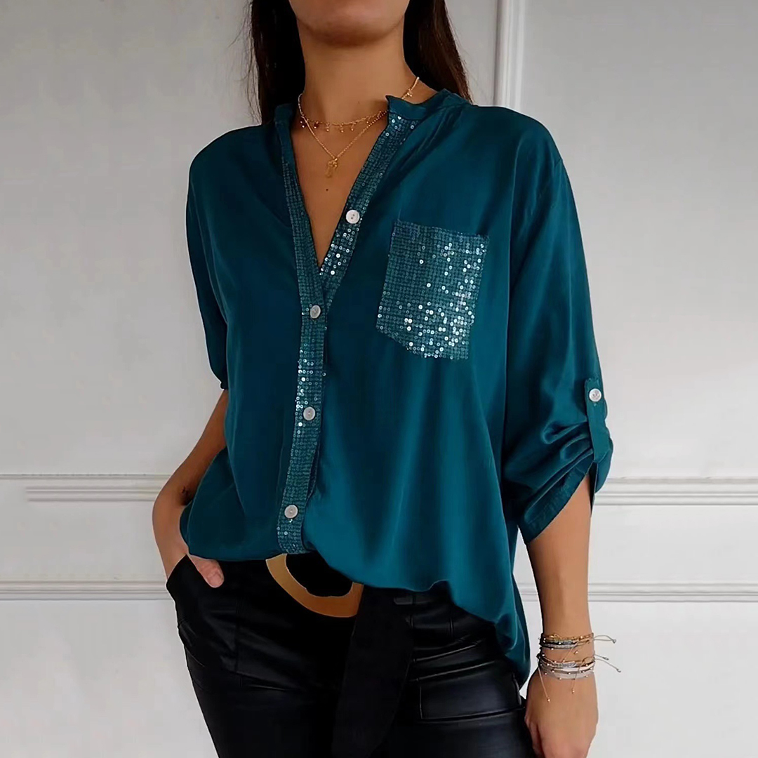 Casual Stand Collar Sequin Pocket Women's Shirt-elviree