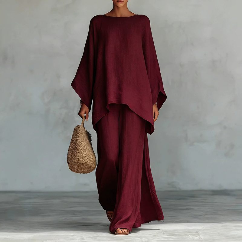 Women's Comfy Linen Blend Flowy Top And Pants Two-piece Set-elviree