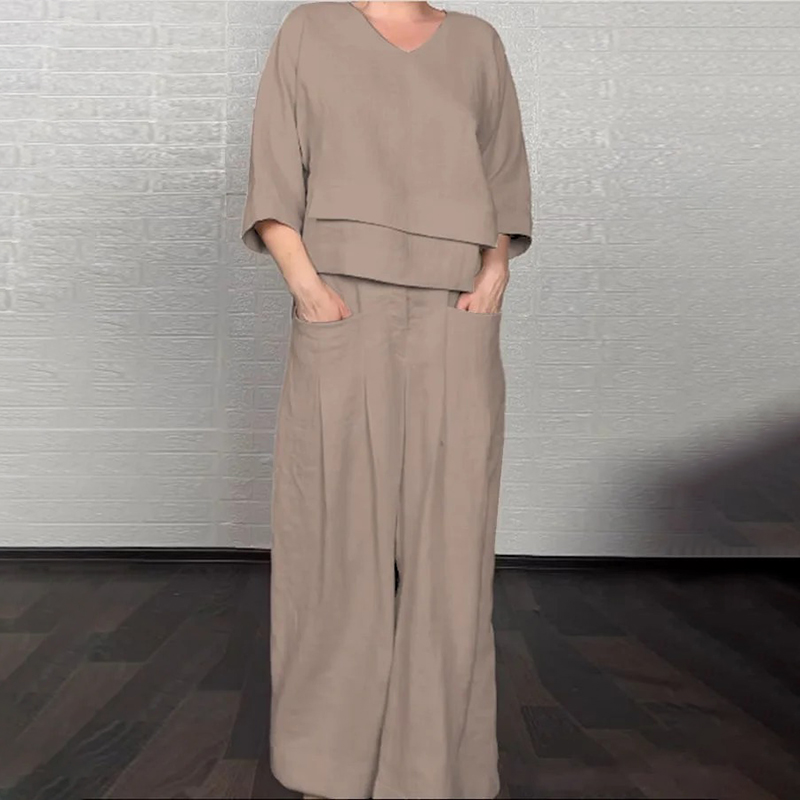 Women's Comfy Linen Blend Double Layer Design V-neck Top And Pants Two-piece Set-elviree