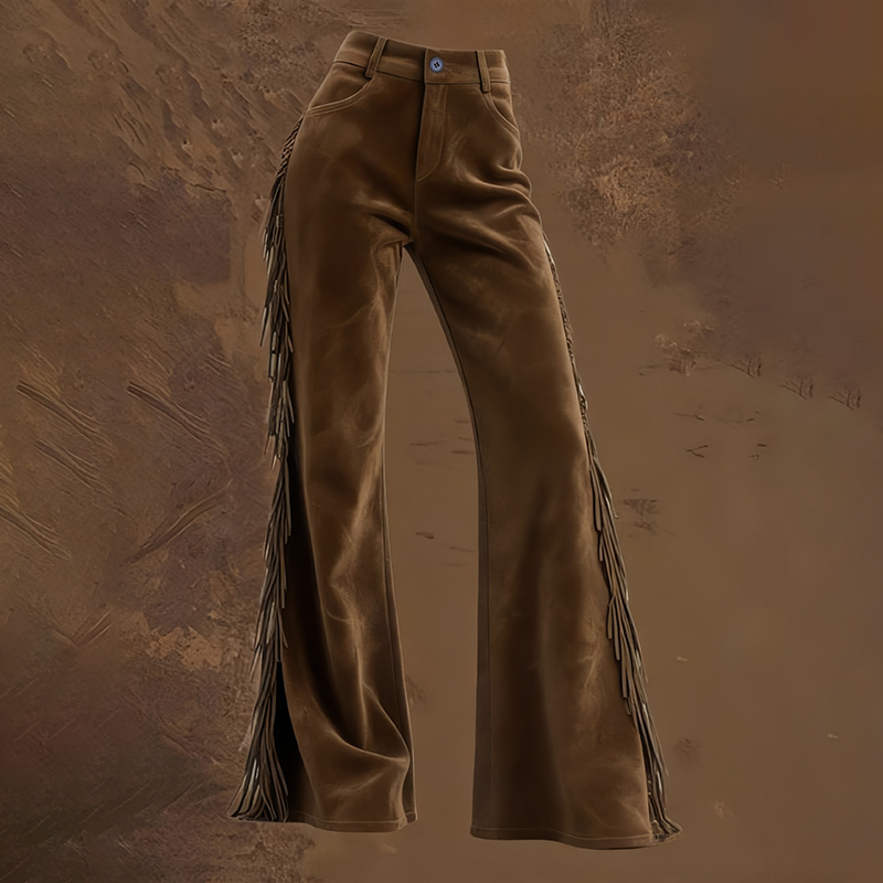 Vintage Western Fringed Buckskin Flared Pants-elviree