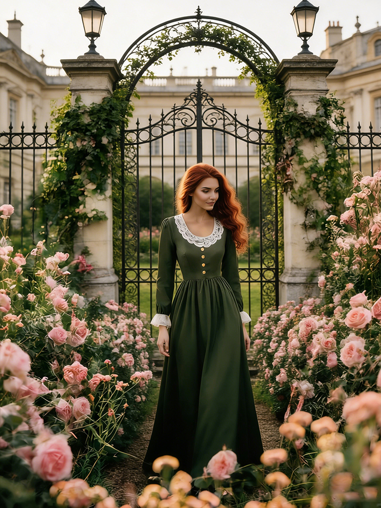 Vintage Lace Patchwork Pleated Linen Maxi Dress-elviree