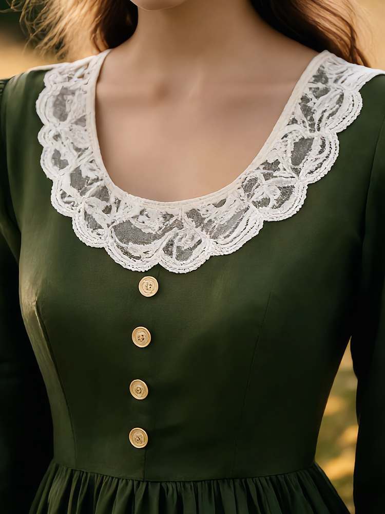 Vintage Lace Patchwork Pleated Linen Maxi Dress-elviree