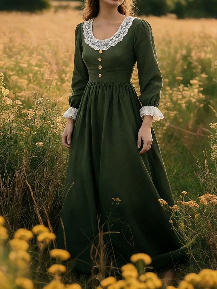 Vintage Lace Patchwork Pleated Linen Maxi Dress-elviree