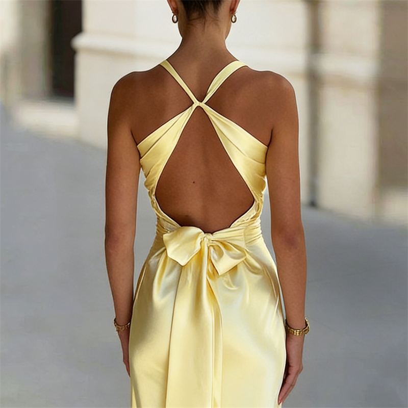 Classy Twist Knot Cross Back Satin Maxi Dress-elviree