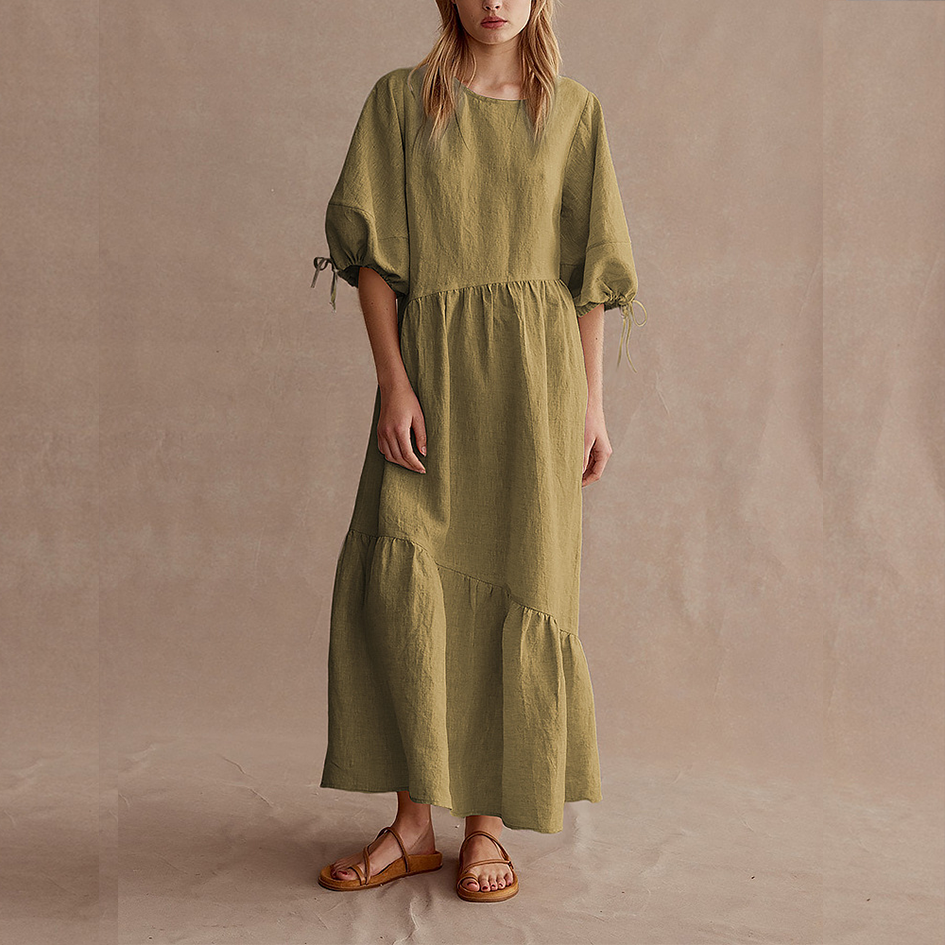 Round Collar Pleated Design Casual Linen Dress