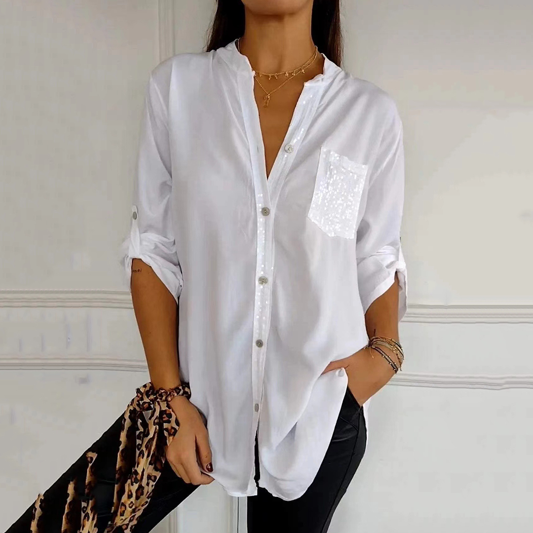 Casual Stand Collar Sequin Pocket Women's Shirt-elviree