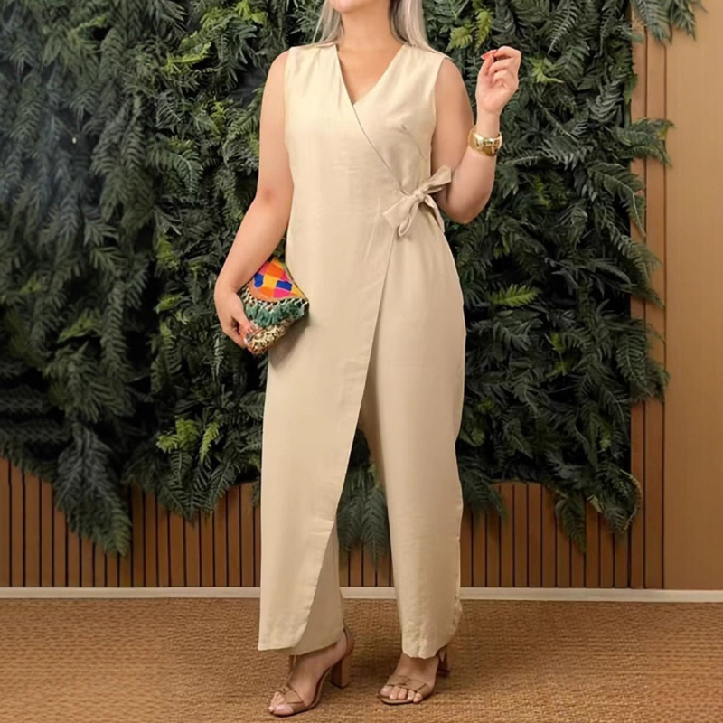 Women's Solid Color Casual V-neck Tie Jumpsuit-elviree