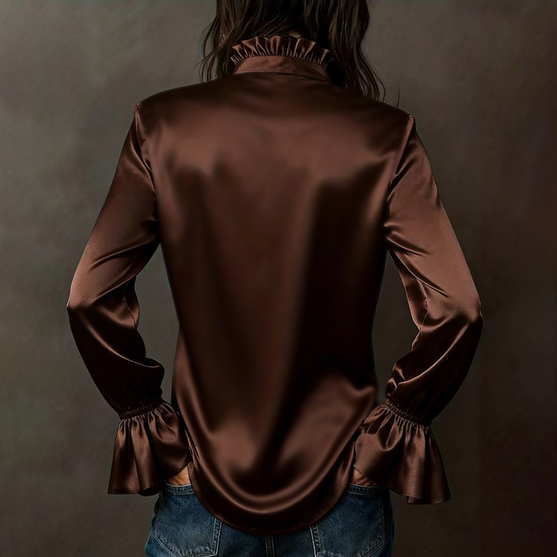 Elegant Solid Color Waltz Satin Long-sleeved Shirt-elviree