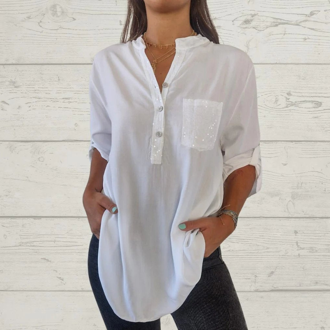 Sequin Patchwork V-Neck Shirt-elviree