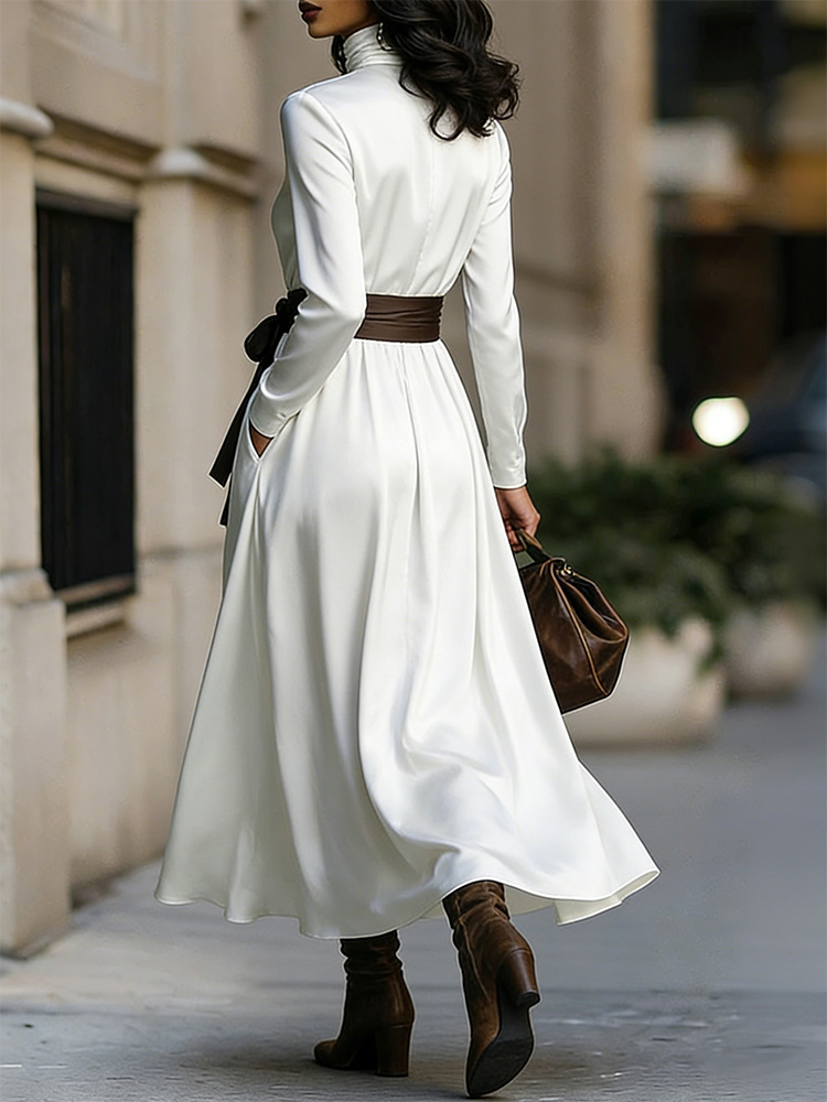Classy Color Blocked Belted Turtleneck Flowy Maxi Dress-elviree