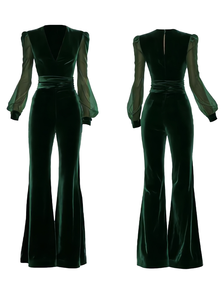 Retro Elegant V Neck Velvet Jumpsuit-elviree