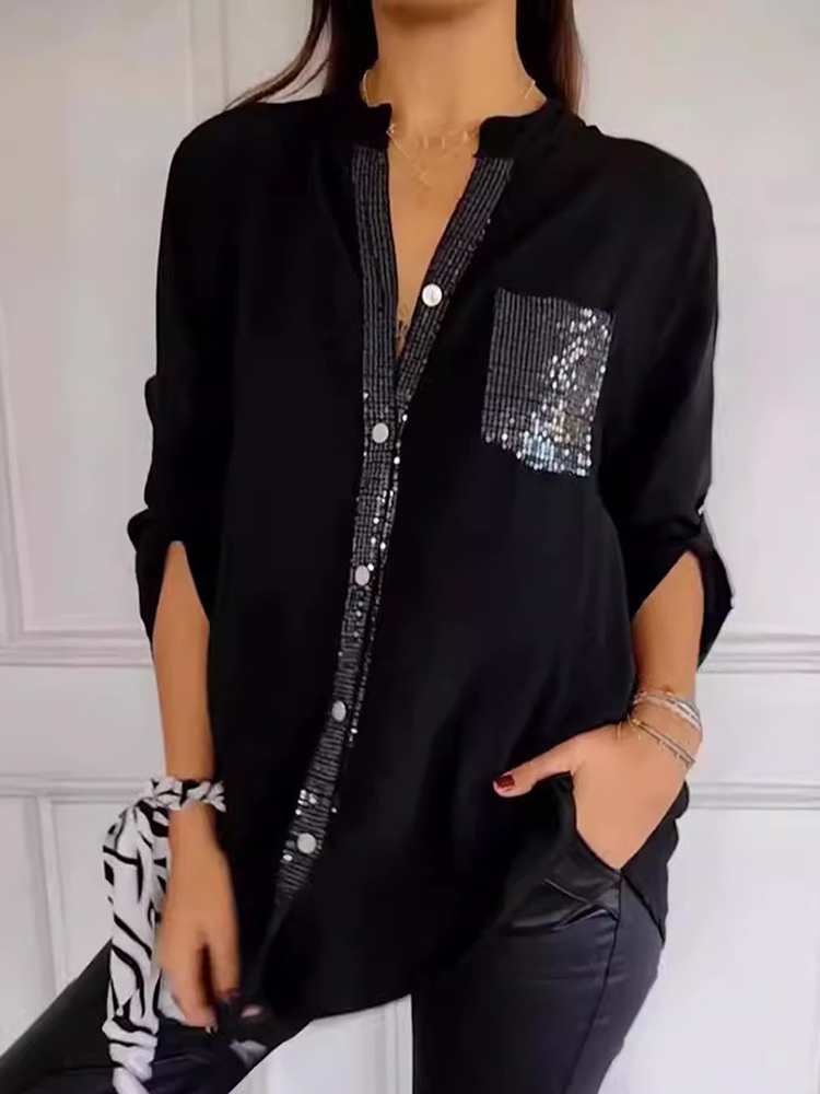 Casual Stand Collar Sequin Pocket Women's Shirt-elviree