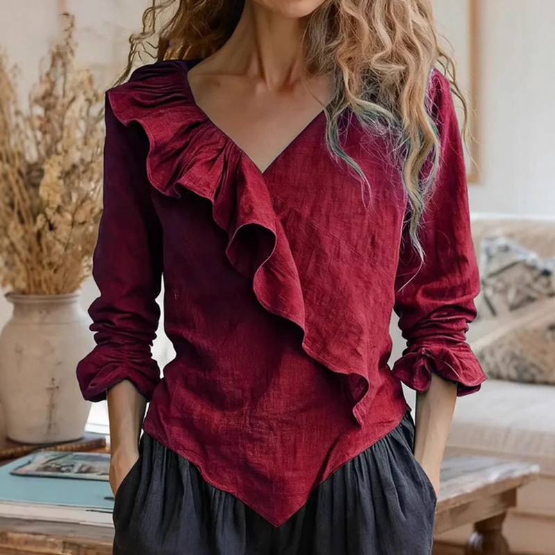 Women's Elegant Ruffled Cotton Linen Top-elviree