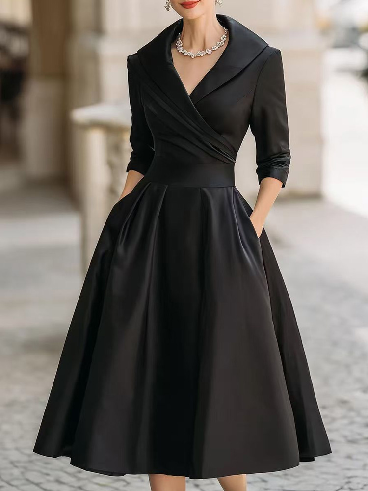Vintage-inspired Satin Midi Dress With Draped Collar-elviree