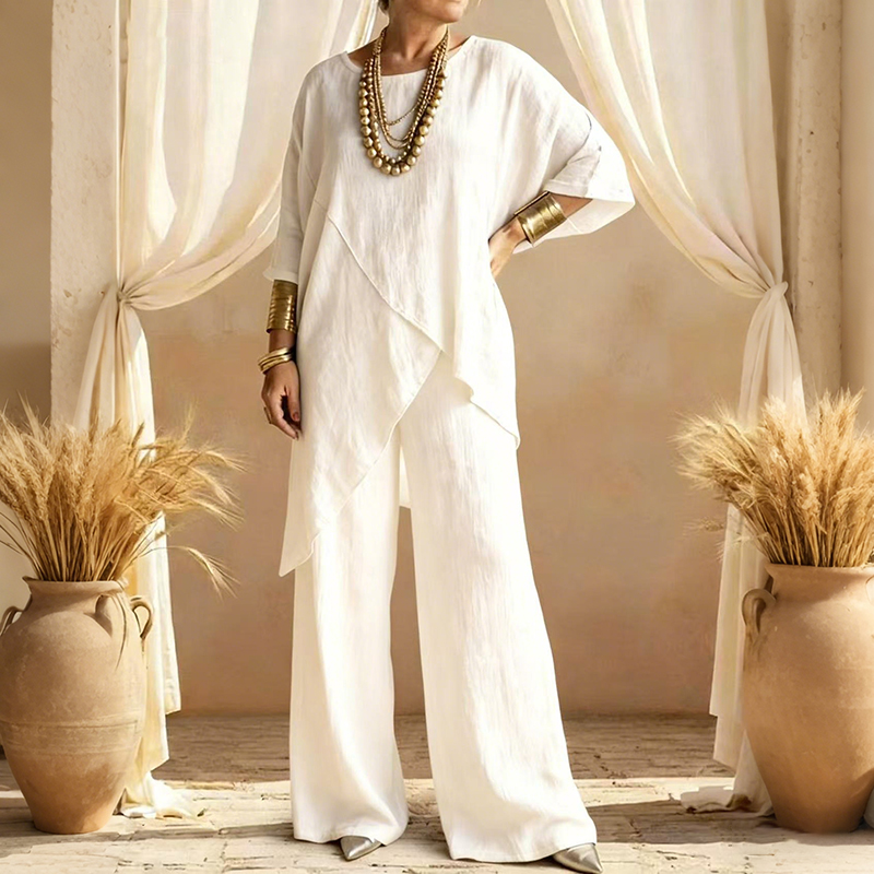 Women's Comfy Linen Blend Flowy Double Layer Design Top And Pants Two-piece Set-elviree