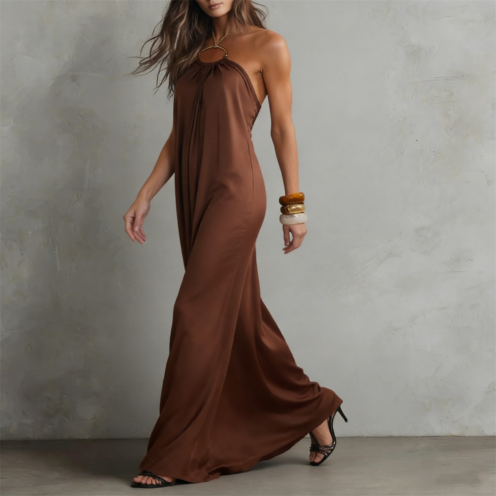 Vintage Elegant Hanging Neck Cami Maxi Dress-elviree