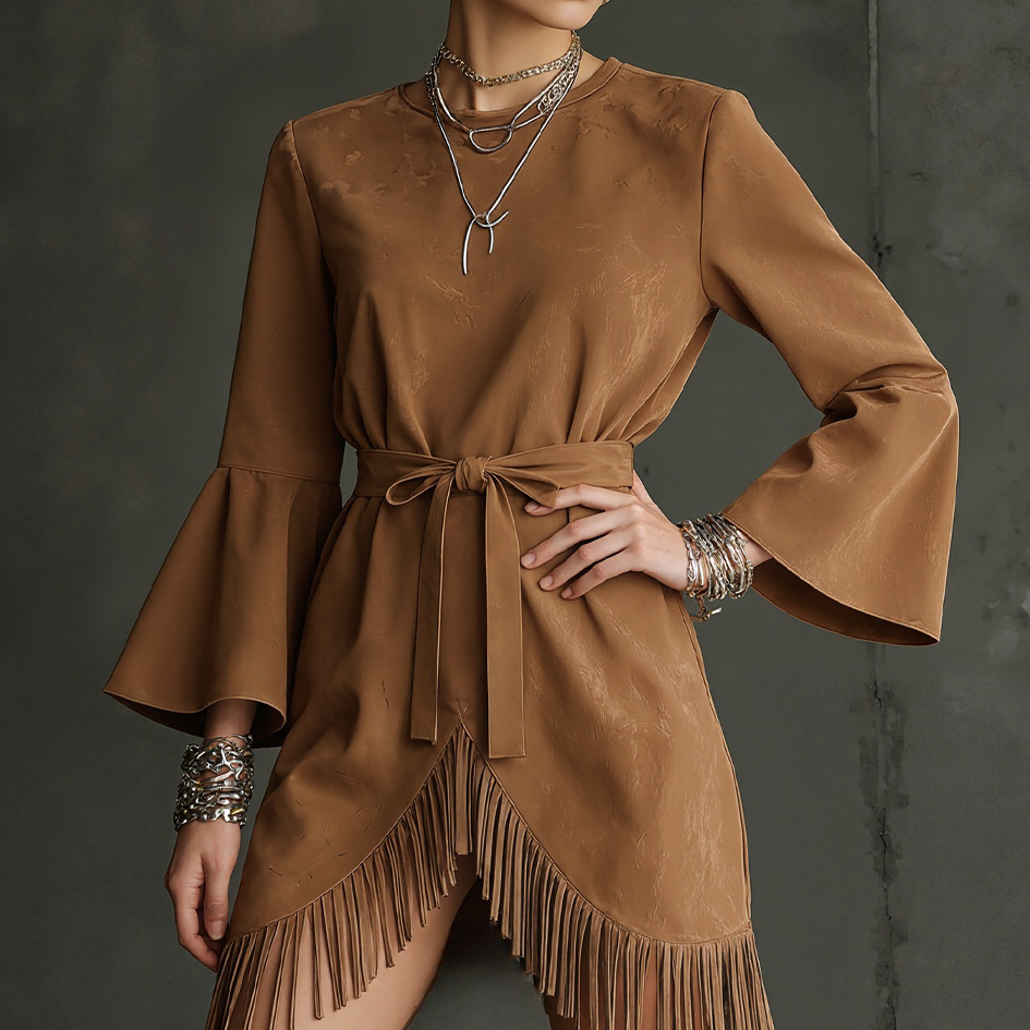 Fashion Retro Temperament Round Neck Fringe Flared Sleeve Long Sleeve Women's Dress-elviree