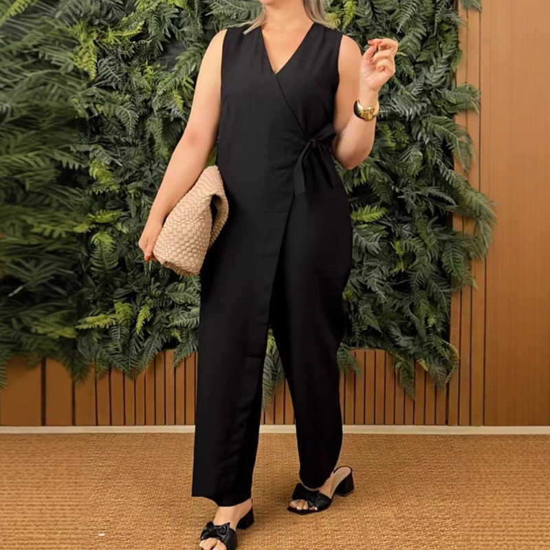 Women's Solid Color Casual V-neck Tie Jumpsuit-elviree