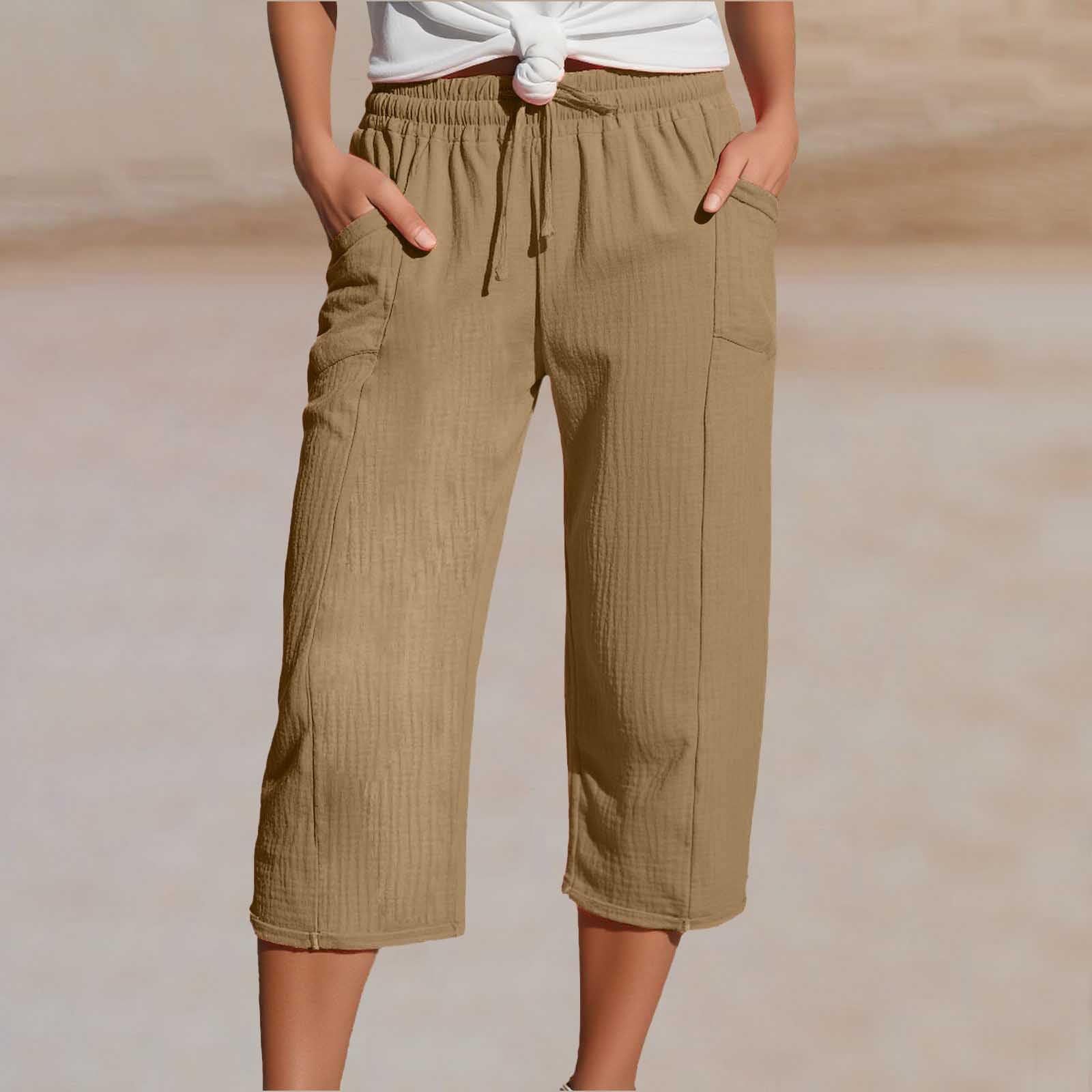 Women's Solid Color Casual Linen Pocket Capri Pants-elviree