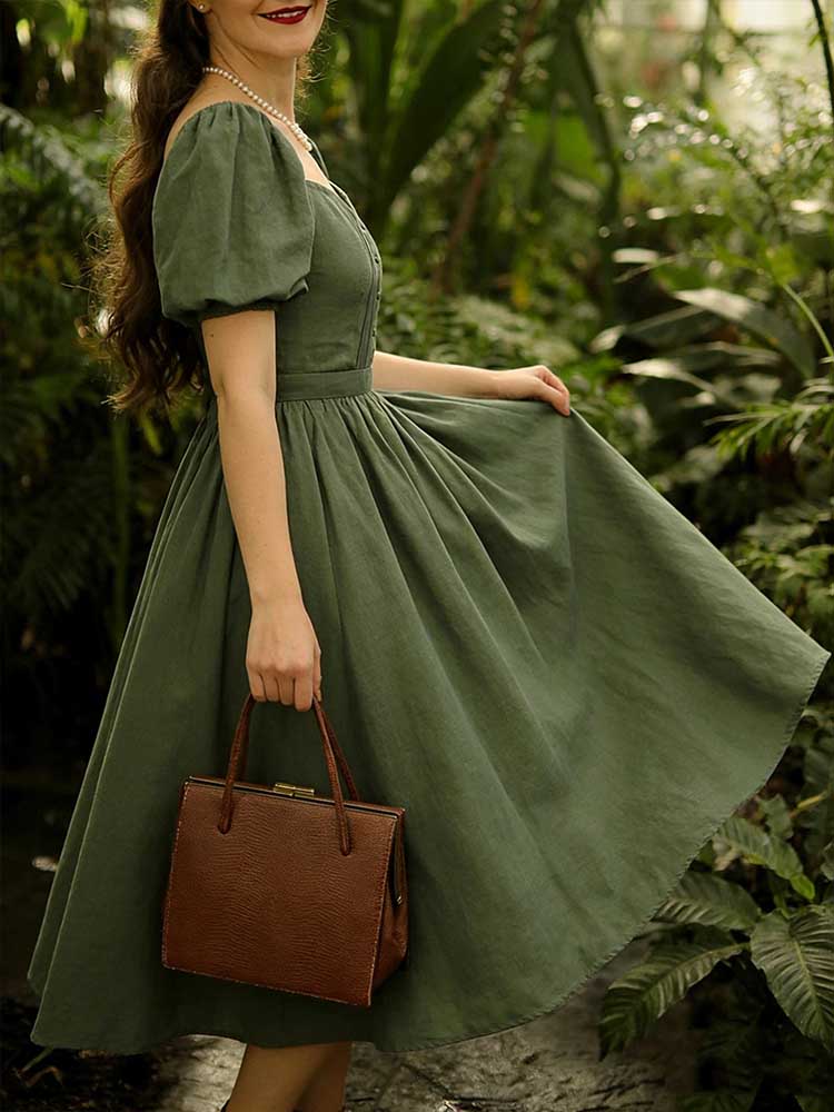 Retro Linen Countryside Style Waist-cinching Dress