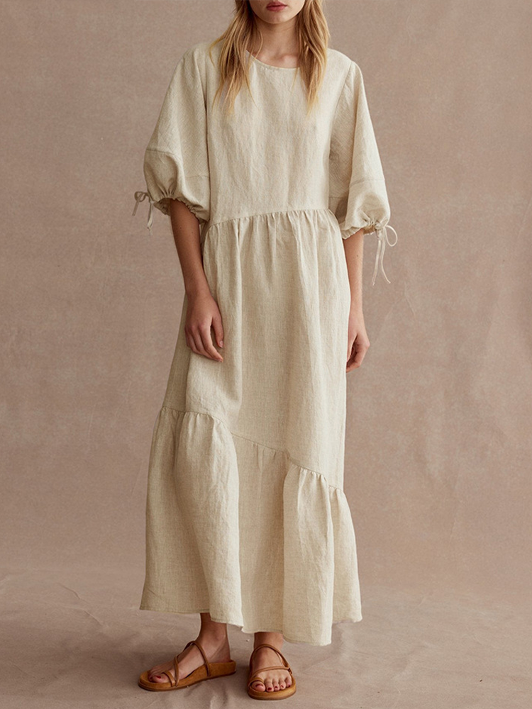 Round Collar Pleated Design Casual Linen Dress