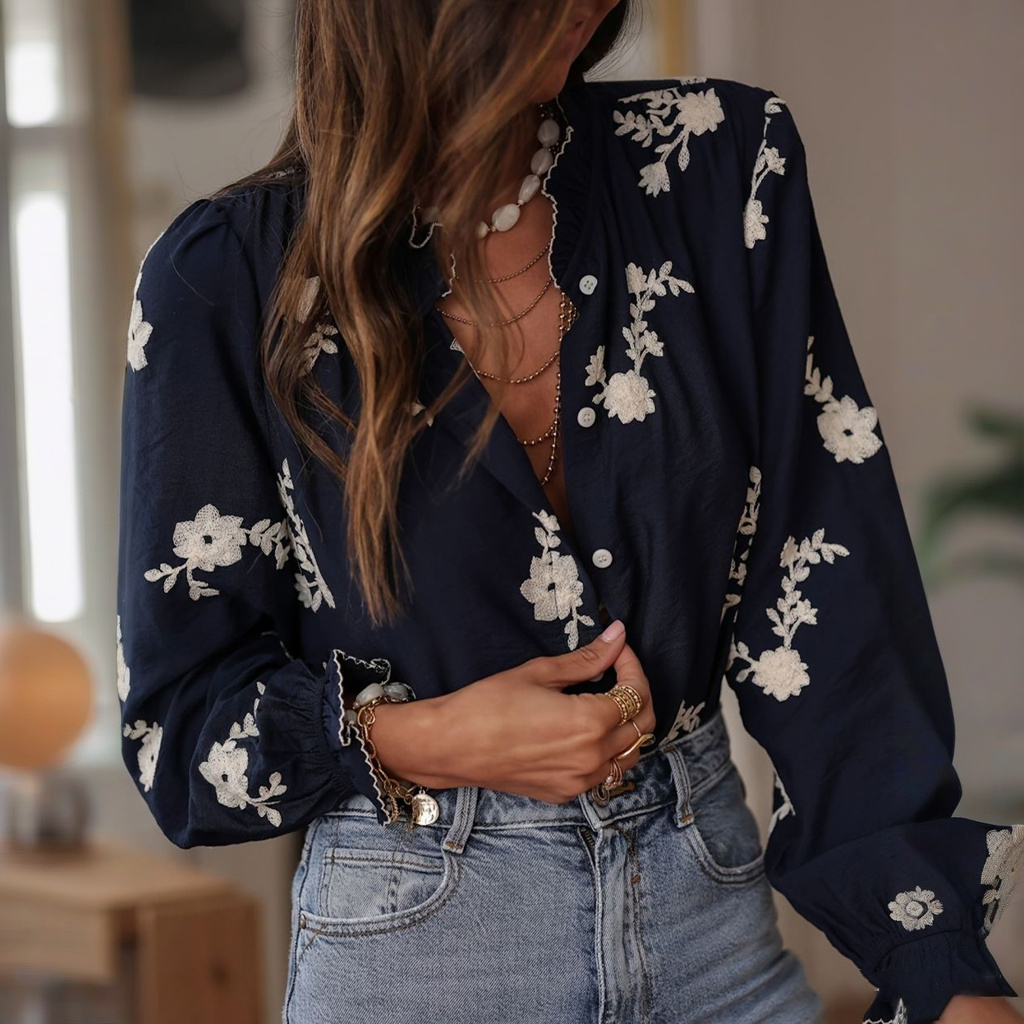 Women's Elegant Casual Floral Embroidered Cotton And Linen Blouse-elviree