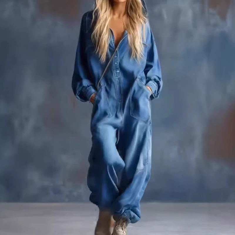 Women's Solid Color Denim Pocket Comfortable Jumpsuit-elviree