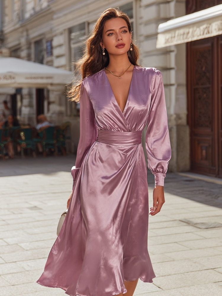 Elegant Long Sleeve Flowy Satin Maxi Dress-elviree