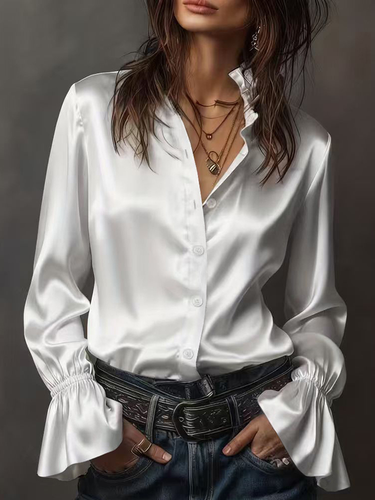 Elegant Solid Color Waltz Satin Long-sleeved Shirt-elviree