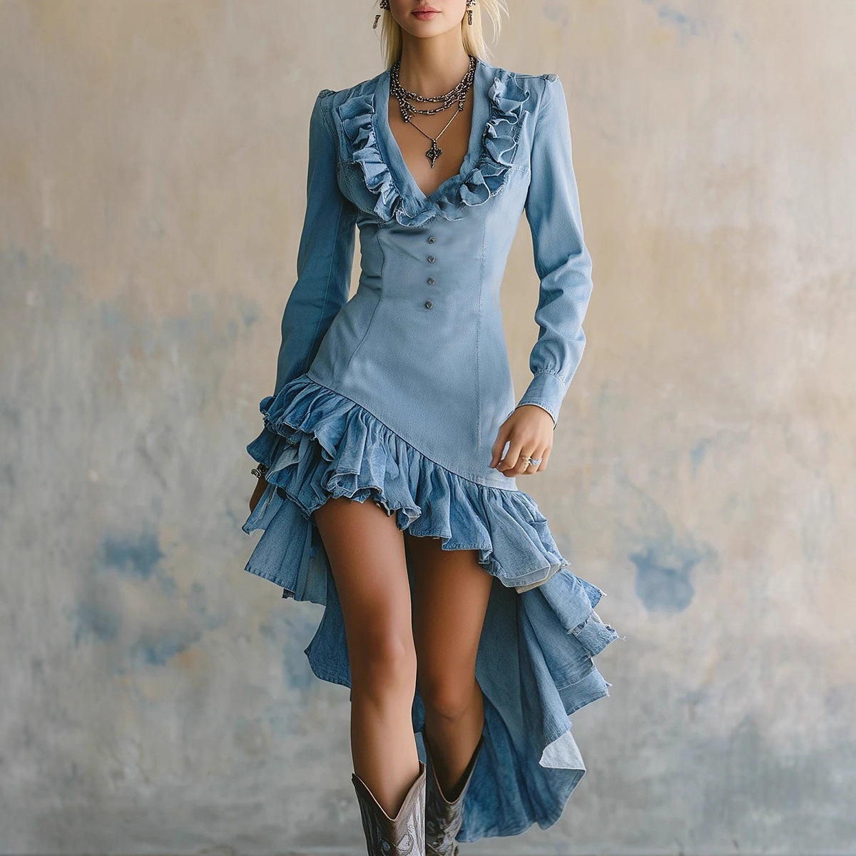 Retro Western Style Ruffled No-wash Denim Dress-elviree