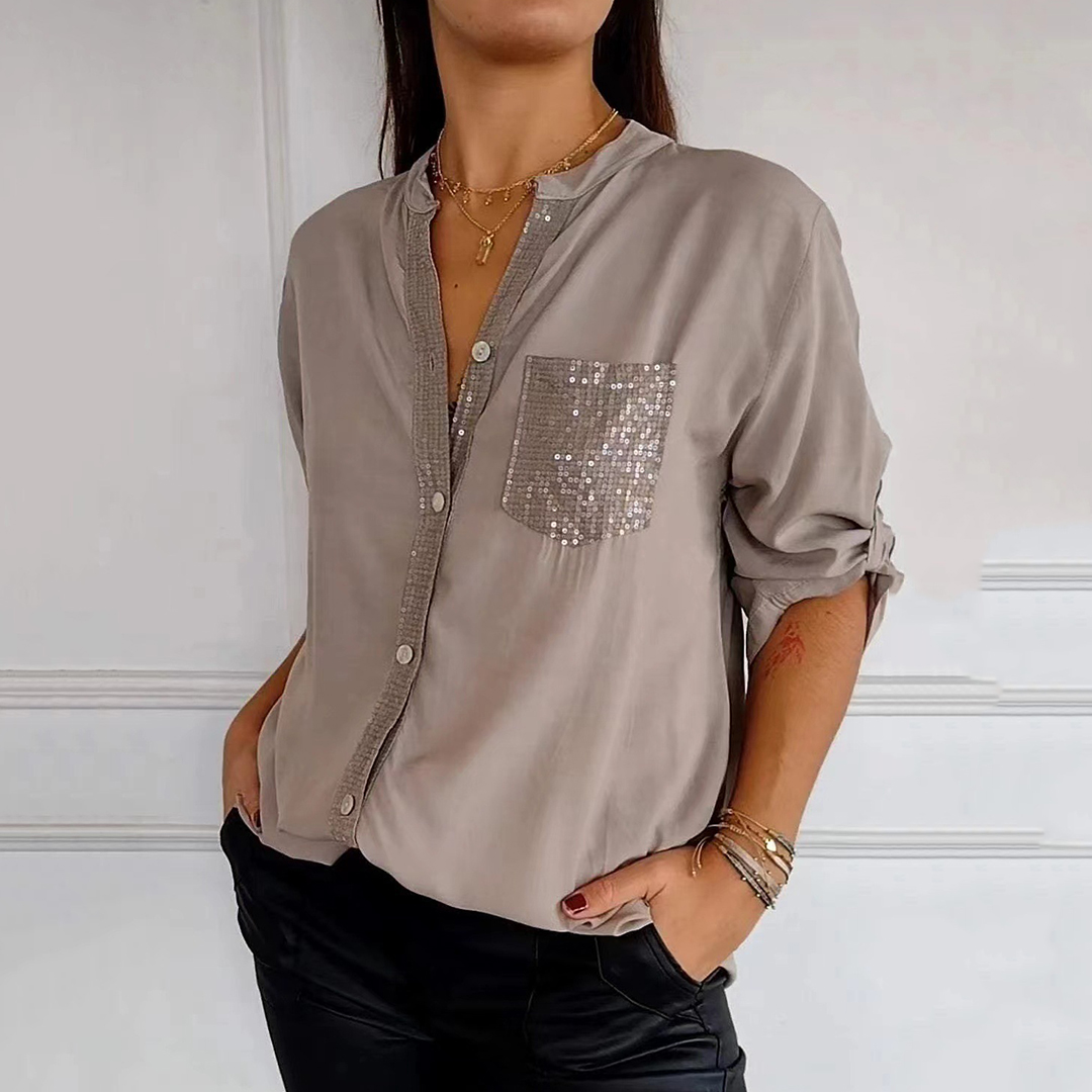 Casual Stand Collar Sequin Pocket Women's Shirt-elviree