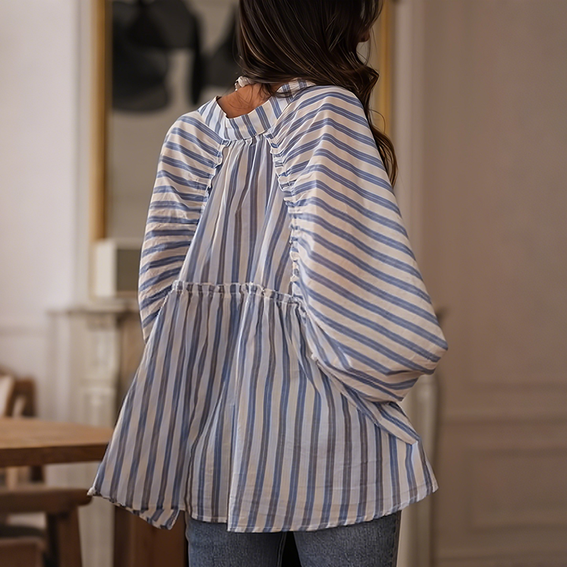 Women's Elegant Stripes Cotton And Linen Top-elviree